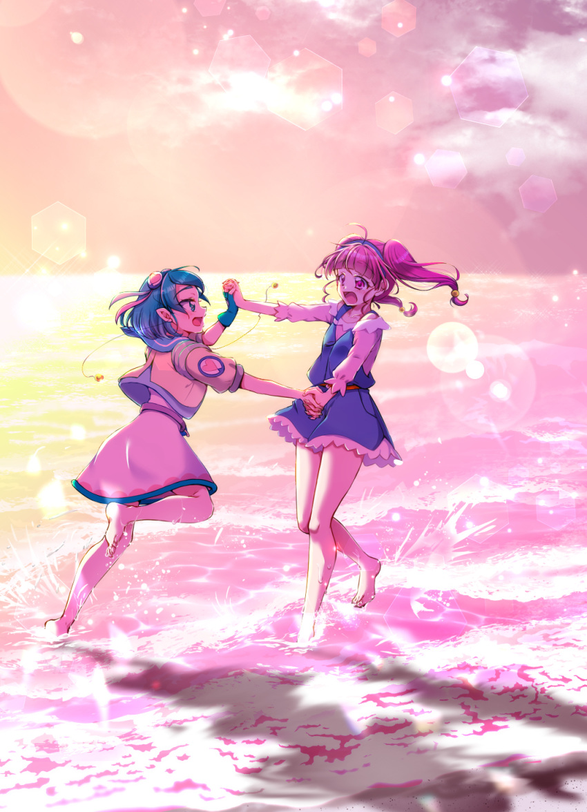 2girls, :d, ahoge, antennae, aqua_hair, bare_legs, barefoot, beach