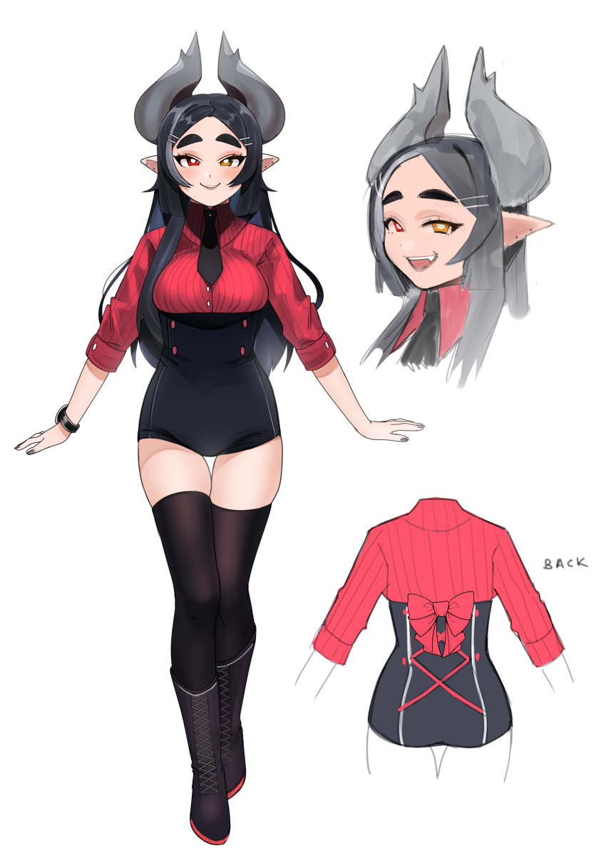 1girl, absurdres, black_hair, breasts, bright_pupils, character_sheet, demon_girl, english_commentary, heterochromia, highres, horns, indie_virtual_youtuber, kumaartsu, kumaartsu_(vtuber), medium_breasts, multiple_views, pointy_ears, red_eyes, thigh-highs, virtual_youtuber, white_pupils, yellow_eyes