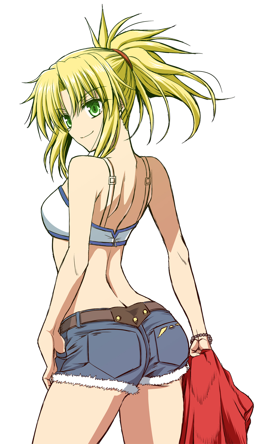 1girl, arm_at_side, ass, back, bare_arms, bare_shoulders, blonde_hair, bra