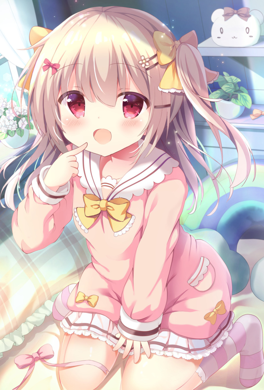 1girl, :d, bangs, bed, bed_sheet, bedroom, bow, child