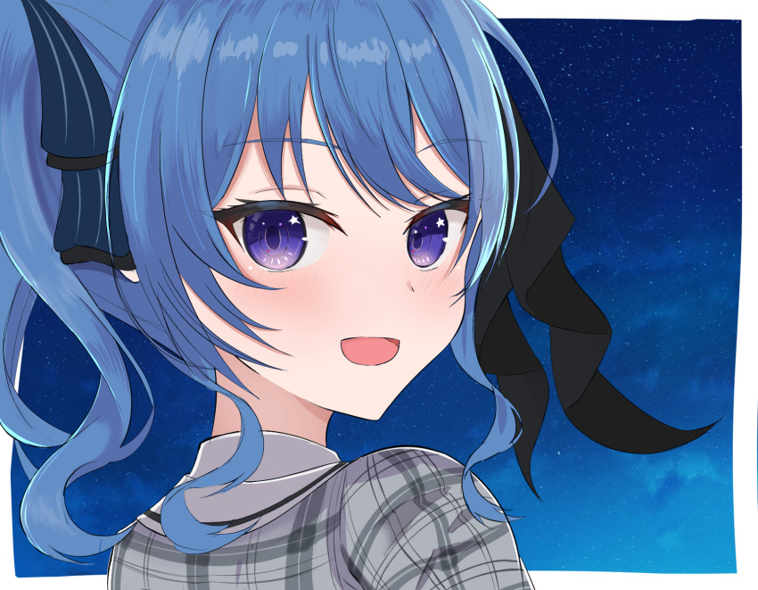 1girl, bangs, blue_eyes, blue_hair, blush, border, bow, commentary_request