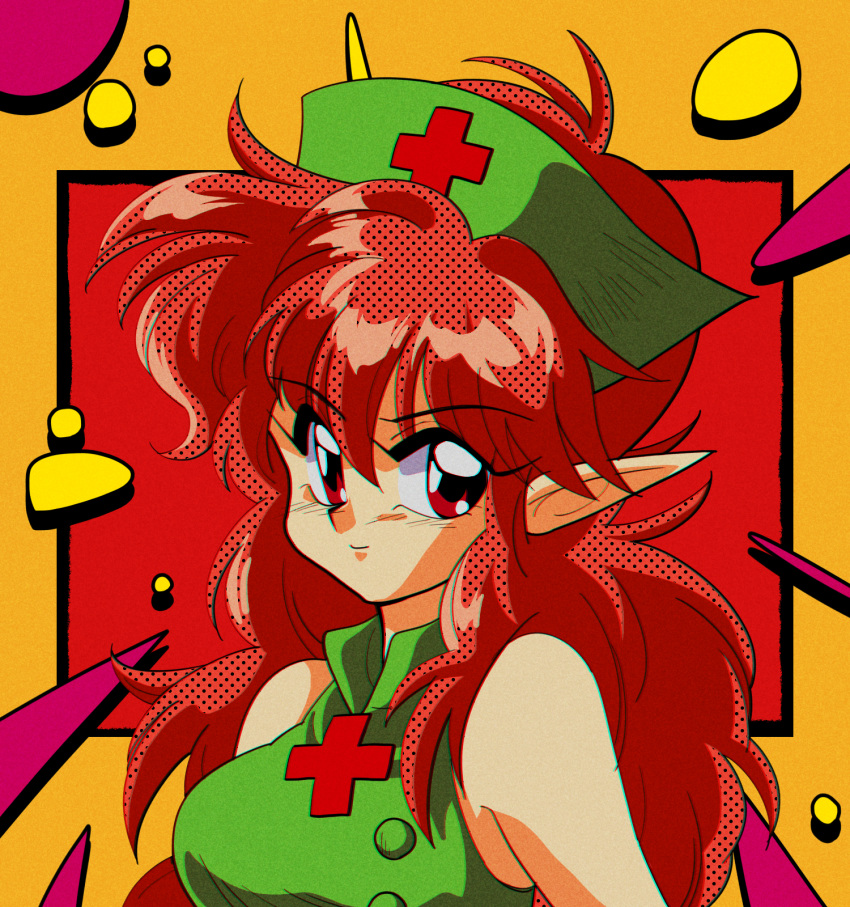 1990s_(style), 1girl, araizumi_rui_(style), character_request, dynamite_nurse, hat, highres, long_hair