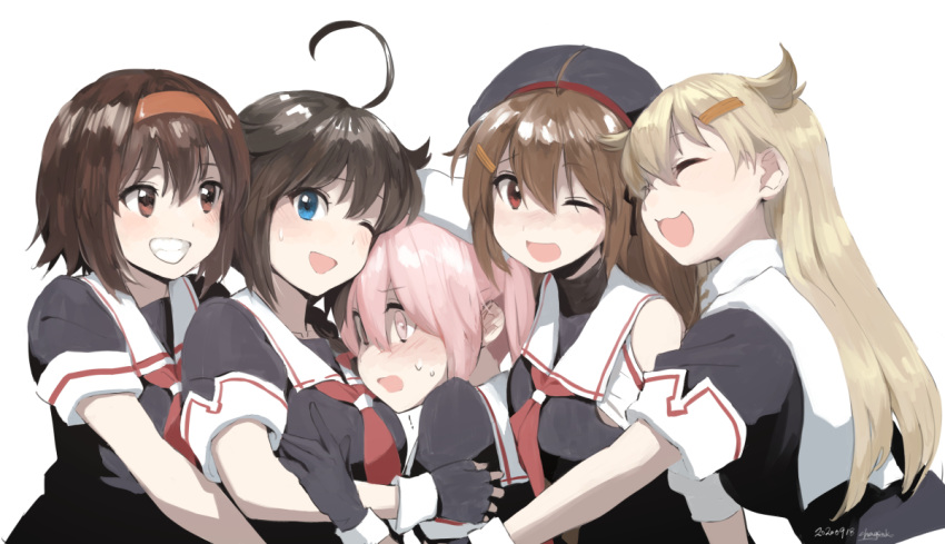 5girls, ahoge, asymmetrical_clothes, black_gloves, black_hair, black_headwear, black_serafuku, blonde_hair