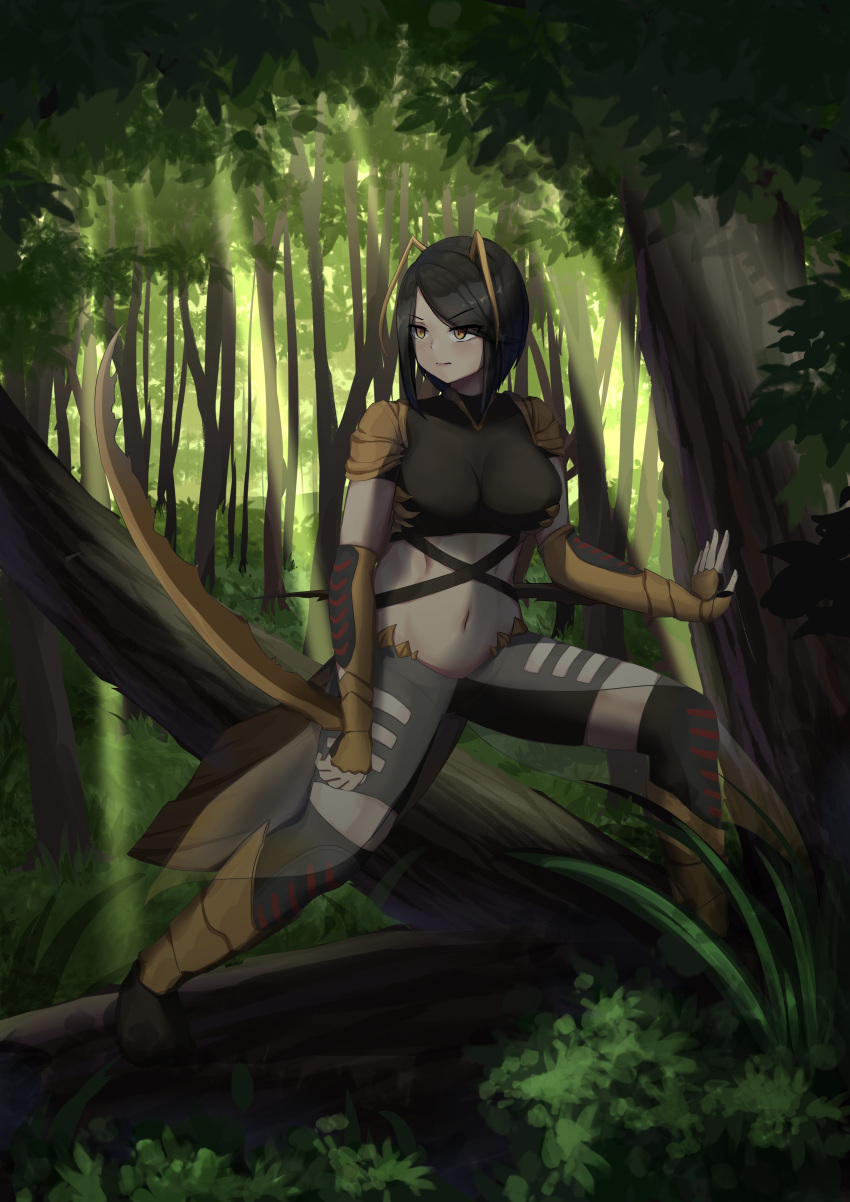 1girl, absurdres, antennae, black_hair, closed_mouth, commission, eyebrows_visible_through_hair, flareza, forest, highres, insect_girl, mantis_(monster_girl_encyclopedia), mantis_girl, midriff, monster_girl, monster_girl_encyclopedia, nature, navel, outdoors, second-party_source, serious, short_hair, solo, tree, v-shaped_eyebrows, weapon