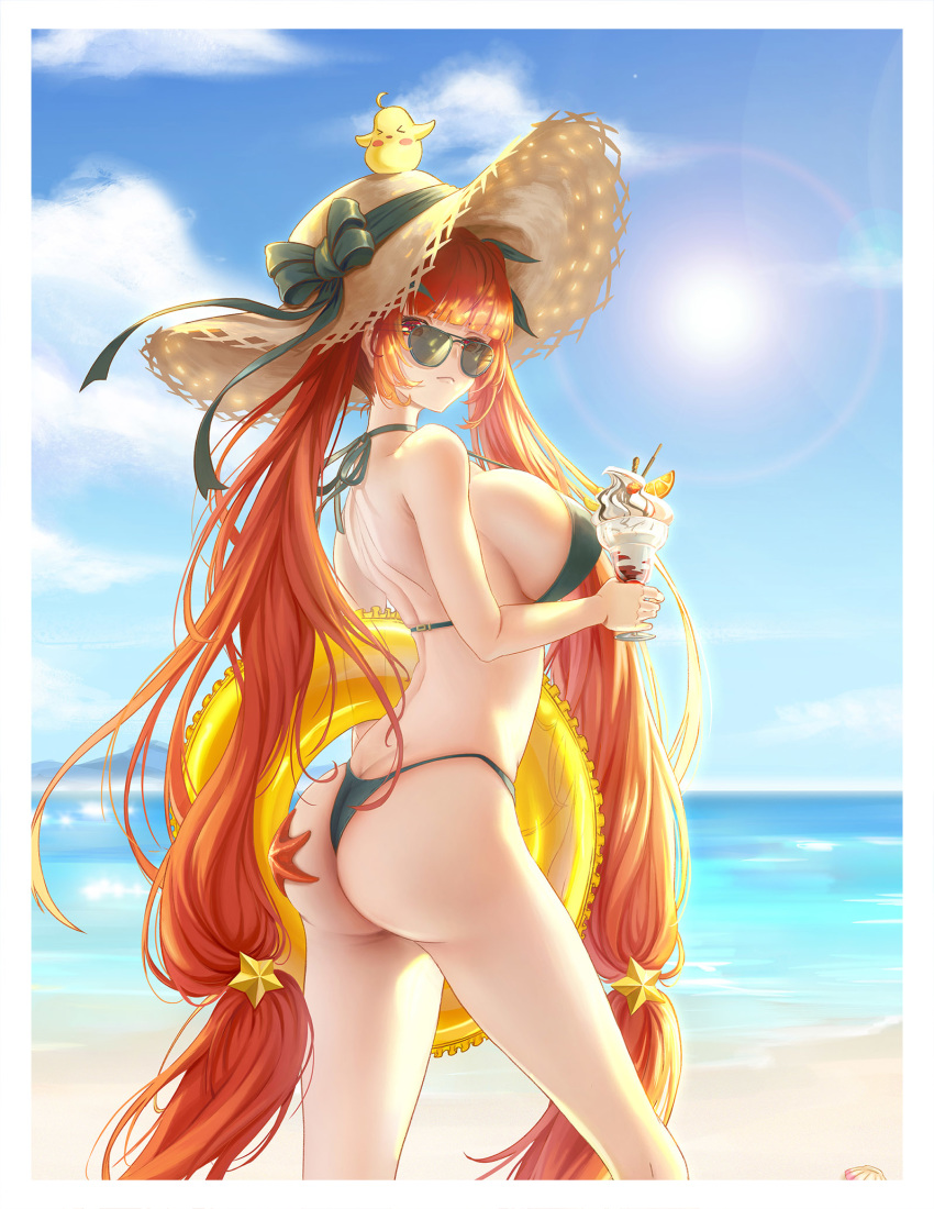 1girl, ass, azur_lane, bangs, bare_shoulders, beach, bikini, black_bikini, black_ribbon, blush, breasts, butt_crack, cup, food, hair_ribbon, hat, highres, holding, holding_cup, holding_innertube, honolulu_(azur_lane), honolulu_(summer_accident?!)_(azur_lane), ice_cream, innertube, large_breasts, long_hair, looking_at_viewer, manjuu_(azur_lane), ocean, red_eyes, redhead, ribbon, sidelocks, solo, straw_hat, sundae, sunglasses, swimsuit, theleopardcat, thighs, twintails