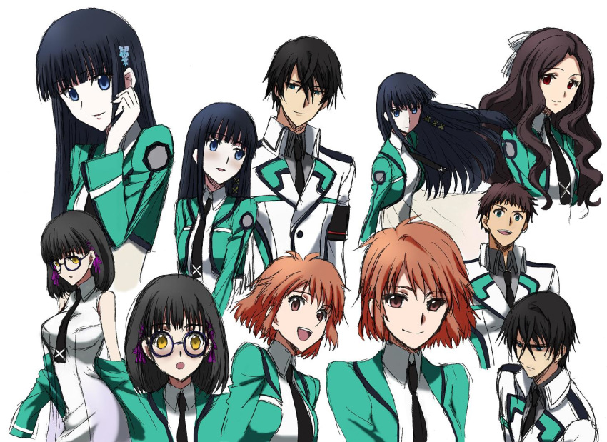 2boys, 3girls, black_hair, blue_eyes, brown_hair, chiba_erika, first_high_school_uniform, glasses, graphite_(medium), long_hair, mahouka_koukou_no_rettousei, multiple_boys, multiple_girls, multiple_views, orange_hair, red_eyes, saegusa_mayumi, saijou_leonhart, sbs, school_uniform, shiba_miyuki, shiba_tatsuya, shibata_mizuki, short_hair, traditional_media, yellow_eyes