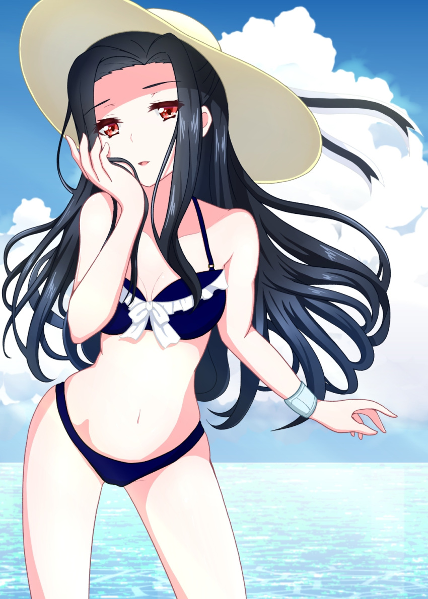 1girl, 213, bikini, black_bikini, black_hair, breasts, floating_hair, hand_on_own_face