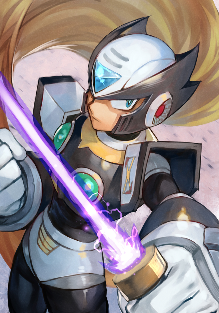 1boy, alternate_color, android, armor, beam_saber, black_armor, black_zero_(mega_man), blue_eyes, clenched_hand, energy, energy_weapon, forehead_jewel, gem, glowing, grey_hair, hankuri, helmet, holding, holding_sword, holding_weapon, long_hair, looking_at_viewer, male_focus, mega_man_(series), mega_man_x_(series), rockman, rockman_x, serious, shoulder_armor, solo, sword, symbol, very_long_hair, weapon, zero_(mega_man), zero_(rockman)