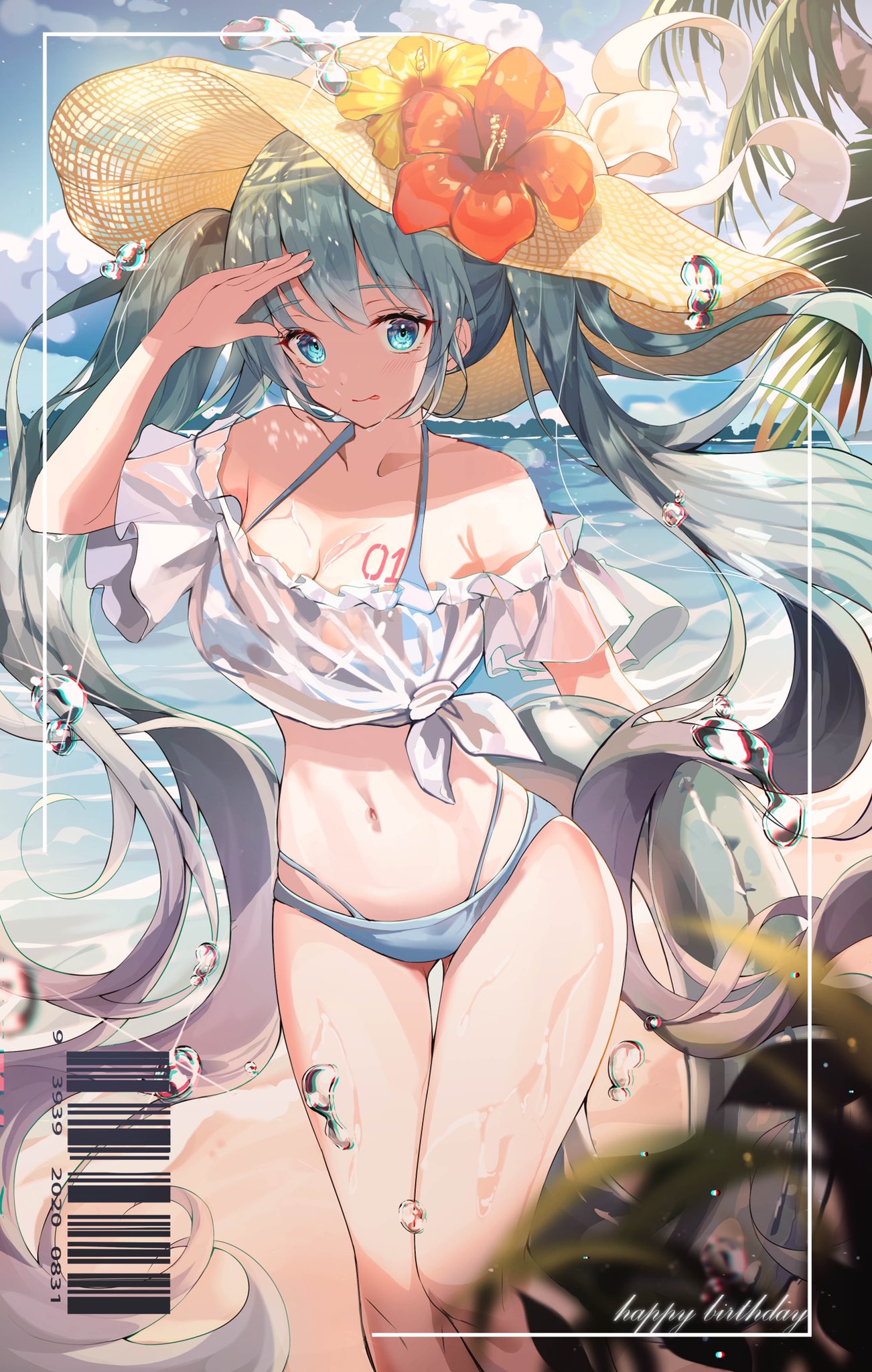 1girl, aqua_eyes, aqua_hair, barcode, bikini, blue_bikini, border, clouds