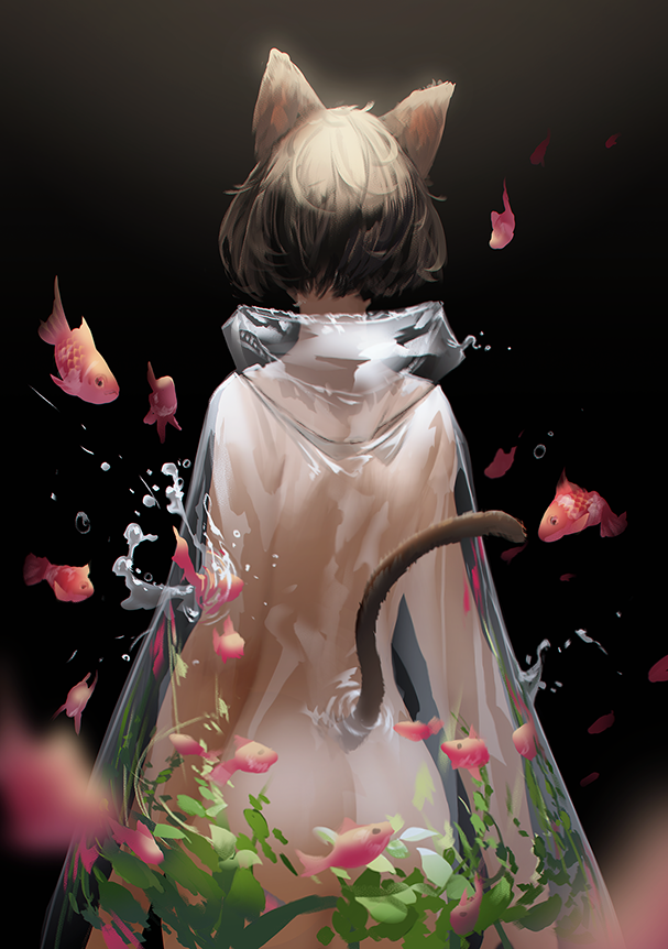 1girl, animal_ears, ass, back, black_background, blurry, blurry_foreground, blush