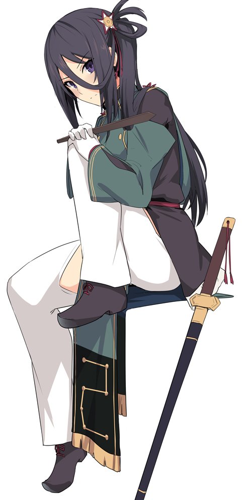 1girl, baton, black_footwear, black_hair, closed_mouth, double-breasted, from_side, full_body, gloves, holding, invisible_chair, long_hair, long_sleeves, looking_at_viewer, looking_to_the_side, open_pants, pants, pelvic_curtain, scabbard, sheath, sheathed, shichiseiken_(tenka_hyakken), shiseki_hirame, shoes, side_ponytail, simple_background, sitting, solo, sword, tenka_hyakken, violet_eyes, weapon, white_background, white_gloves, white_pants