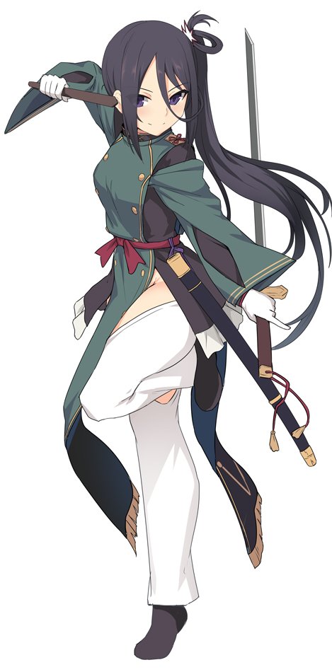 1girl, baton, black_hair, closed_mouth, double-breasted, dual_wielding, full_body, gloves, holding, holding_sword, holding_weapon, long_hair, long_sleeves, looking_at_viewer, open_pants, pants, pelvic_curtain, reverse_grip, shichiseiken_(tenka_hyakken), shiseki_hirame, shoes, side_ponytail, simple_background, smile, solo, standing, standing_on_one_leg, sword, tenka_hyakken, violet_eyes, weapon, white_background, white_gloves, white_pants
