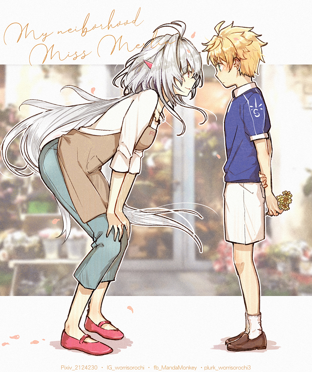 1boy, 1girl, age_difference, ahoge, alternate_costume, apron, arthur_pendragon_(fate), blonde_hair