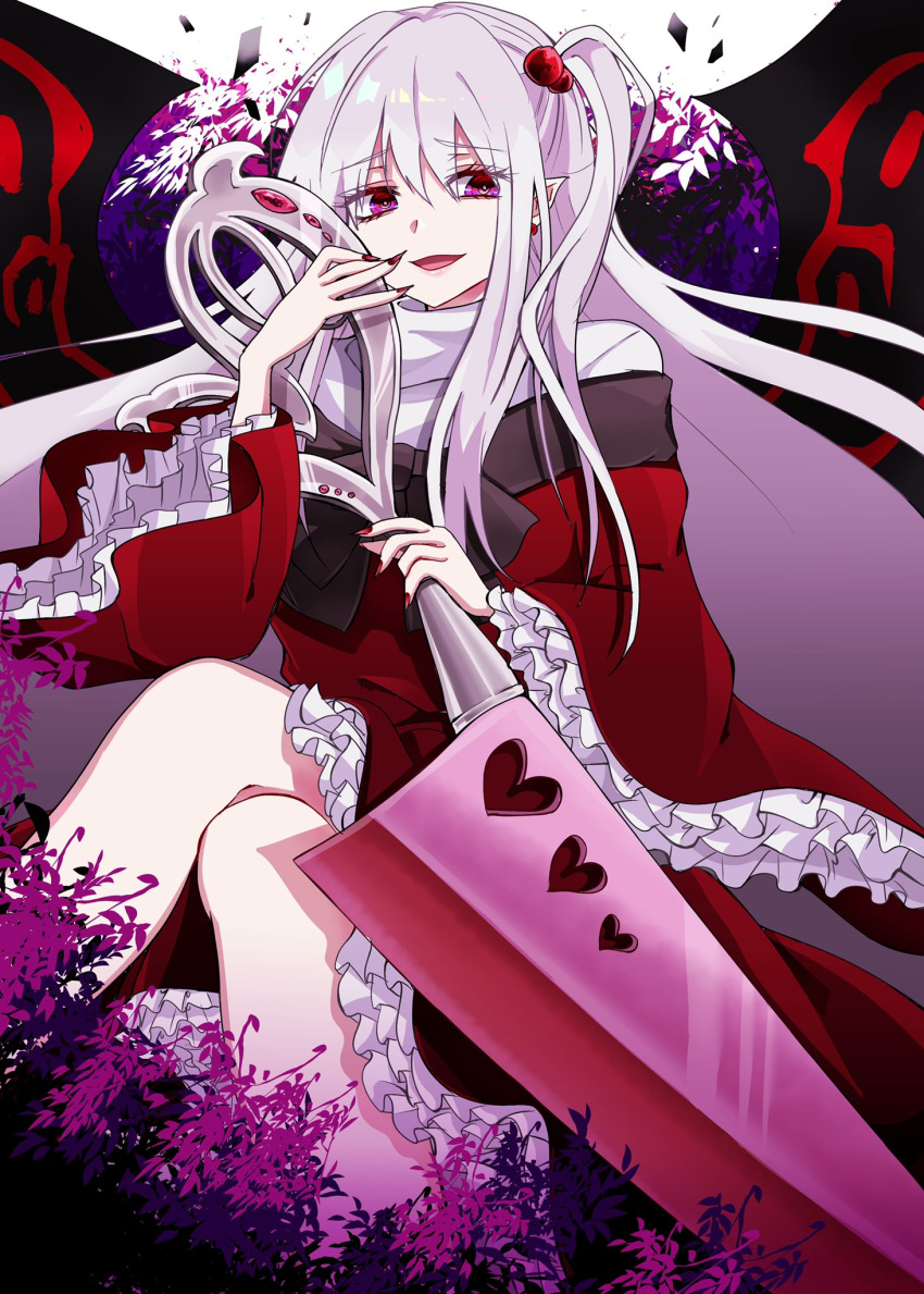 1girl, crossed_legs, dress, earrings, frills, fuwafurin, hair_bobbles, hair_ornament
