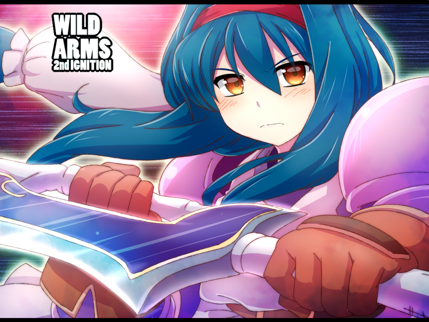 1girl, anastasia_valeria, belt, blue_hair, commentary_request, dress, gloves, hair_ornament, hairband, long_hair, looking_at_viewer, red_eyes, red_hairband, shimane_no_norainu, solo, twintails, wild_arms, wild_arms_2