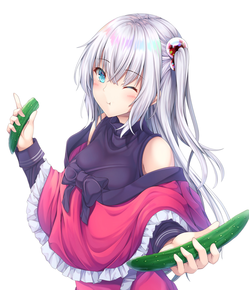 1girl, bare_shoulders, blue_eyes, breasts, chewing, cucumber, dress, frills, hair_bobbles, hair_ornament, highres, long_hair, mystic_square, one_eye_closed, one_side_up, red_dress, ribbon, shinki, shirt_under_dress, silver_hair, simple_background, solo, touhou, touhou_(pc-98), yanagi_no_ki