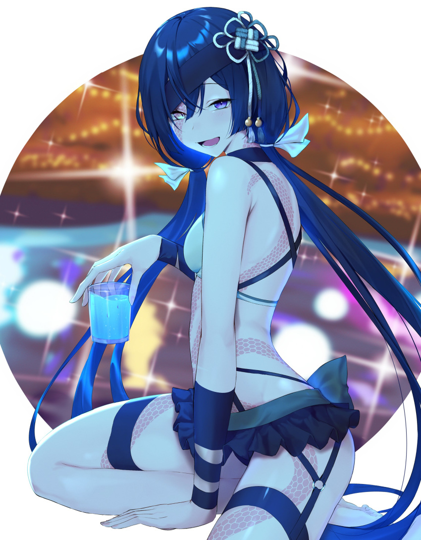 1girl, absurdres, bikini, black_hair, cup, drinking_glass, eyepatch, eyepatch_removed