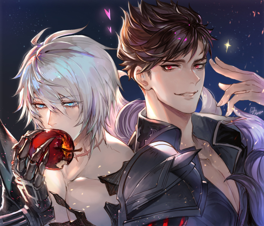 2boys, apple, armor, belial_(granblue_fantasy), black_shirt, blue_eyes, brown_hair, character_name, chest, collar, eating, feather_boa, food, fruit, gradient_hair, granblue_fantasy, light_particles, looking_at_viewer, male_focus, multicolored_hair, multiple_boys, pauldrons, quetzalliao, red_eyes, shirt, short_hair, shoulder_armor, smile, starry_background, upper_body, white_hair