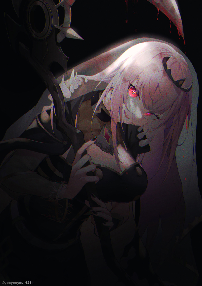absurdres, belt, black_dress, blood, blood_on_face, bloody_weapon, breasts, choker