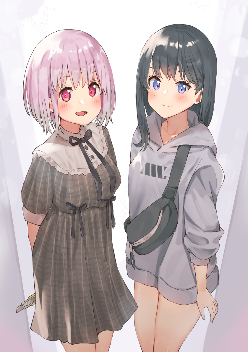 2girls, arms_behind_back, bag, bangs, black_hair, black_neckwear, black_ribbon, blue_eyes, blush, boxcutter, breasts, casual, dress, grey_hoodie, holding_boxcutter, logo, looking_at_viewer, mashiro_kta, medium_breasts, medium_hair, multiple_girls, open_mouth, pink_eyes, pink_hair, plaid, plaid_dress, ribbon, shinjou_akane, short_hair, smile, ssss.gridman, takarada_rikka, thighs