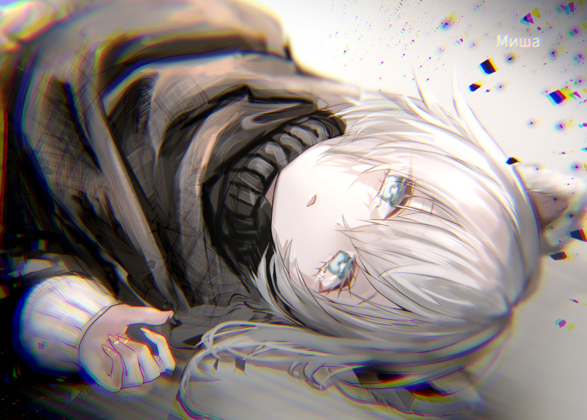 1girl, animal_ears, arknights, bangs, blue_eyes, character_name, cloak, fingernails