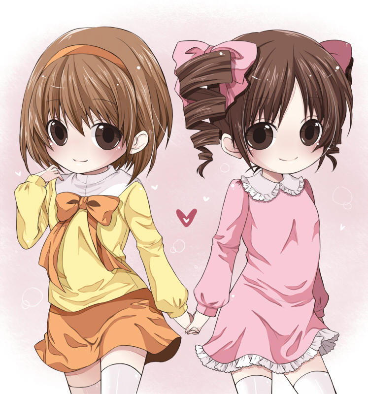 2girls, artist_request, blush, brown_eyes, brown_hair, chibi_maruko-chan, closed_mouth, dress, drill_hair, hair_ribbon, hairband, heart, holding_hands, jougasaki_himeko, long_hair, looking_at_viewer, multiple_girls, ribbon, sasayama_kazuko, shiny, shiny_hair, shiny_skin, short_hair, skirt, smile, thigh-highs, twin_drills, white_legwear