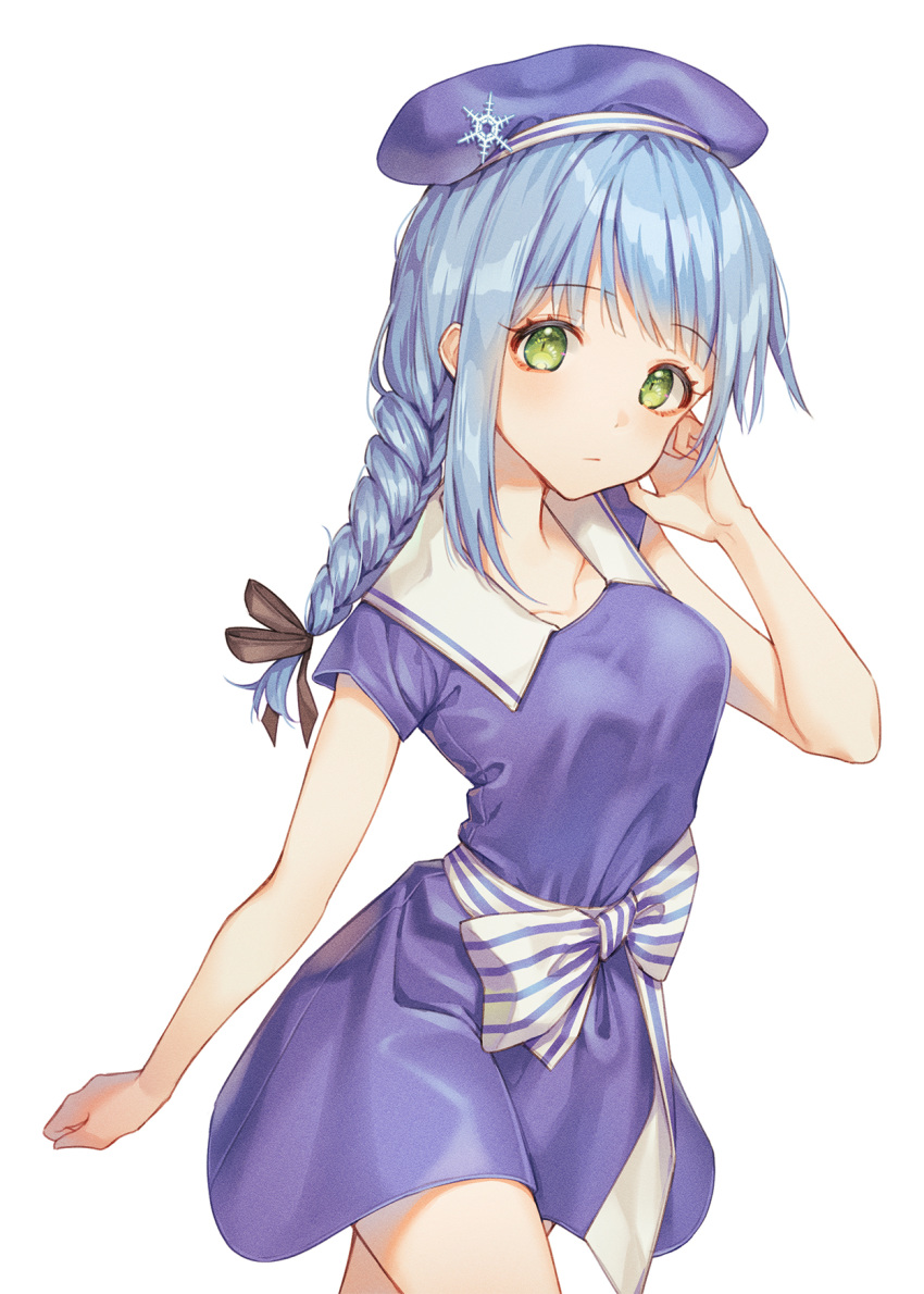 1girl, bangs, beret, black_ribbon, blue_dress, blue_hair, blue_headwear, bow