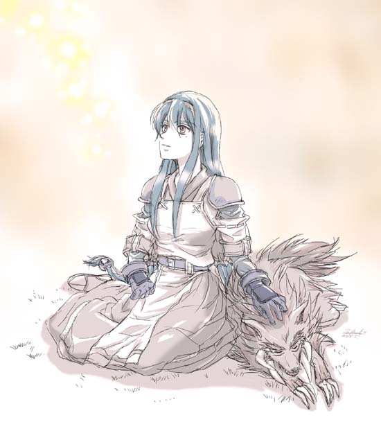 1girl, anastasia_valeria, belt, blue_hair, boots, closed_mouth, dress, full_body, gloves, hairband, long_hair, luceid_(wild_arms), wild_arms, wild_arms_2, wolf