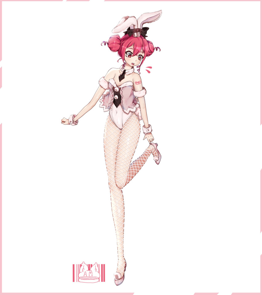 1girl, adjusting_footwear, animal_ears, bare_shoulders, bicute_bunnies_miku, bicute_bunnies_miku_(cosplay), black_neckwear, commentary