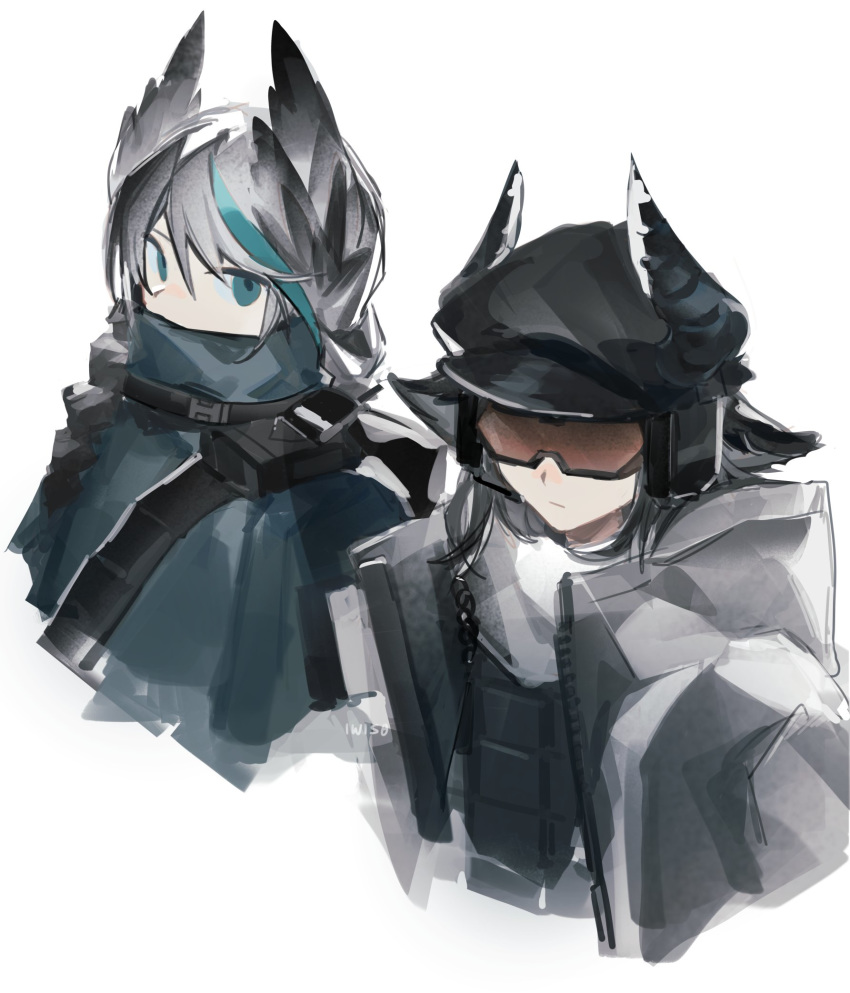 2girls, arknights, bandolier, black_hair, blue_eyes, cape, cow_horns, feather_hair