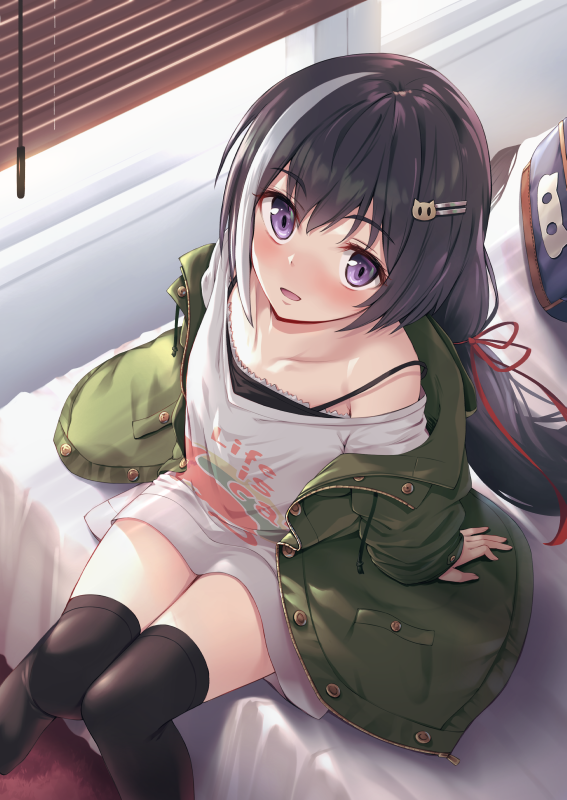 1girl, animal_print, bangs, bed, black_hair, black_legwear, blush, buttons, camisole, cat_hair_ornament, cat_print, clothes_writing, collarbone, commentary_request, day, drawstring, english_text, eyebrows_visible_through_hair, from_above, green_jacket, grey_hair, grey_shirt, hair_between_eyes, hair_ornament, hair_ribbon, indoors, jacket, karyl_(real)_(princess_connect!), knees_together_feet_apart, long_hair, long_sleeves, looking_at_viewer, low_twintails, multicolored_hair, off_shoulder, on_bed, open_clothes, open_jacket, open_mouth, ouka_(ra-raradan), pocket, princess_connect!, princess_connect!_re:dive, print_shirt, red_ribbon, ribbon, shirt, shutter, sitting, solo, streaked_hair, sunlight, thigh-highs, twintails, violet_eyes, window
