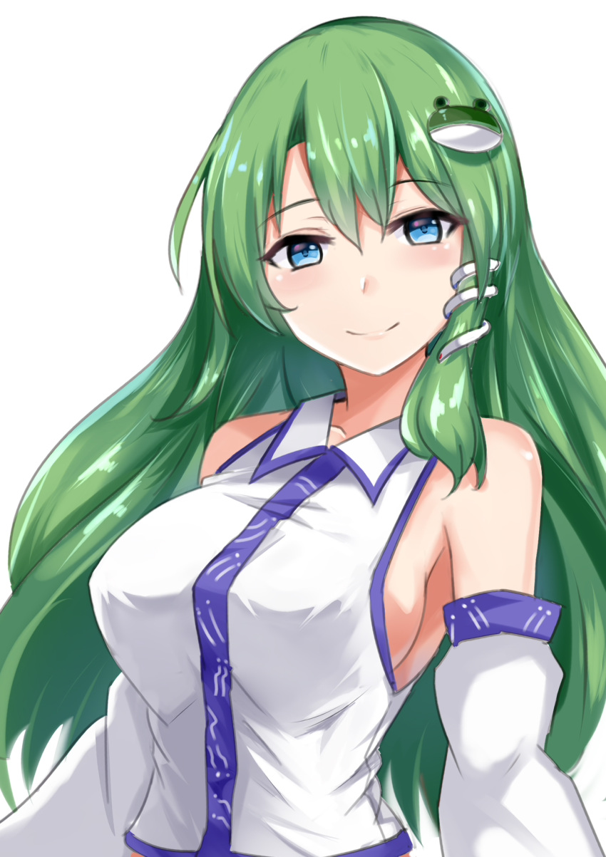 1girl, bangs, bare_shoulders, blue_eyes, blush, breasts, collarbone, collared_shirt
