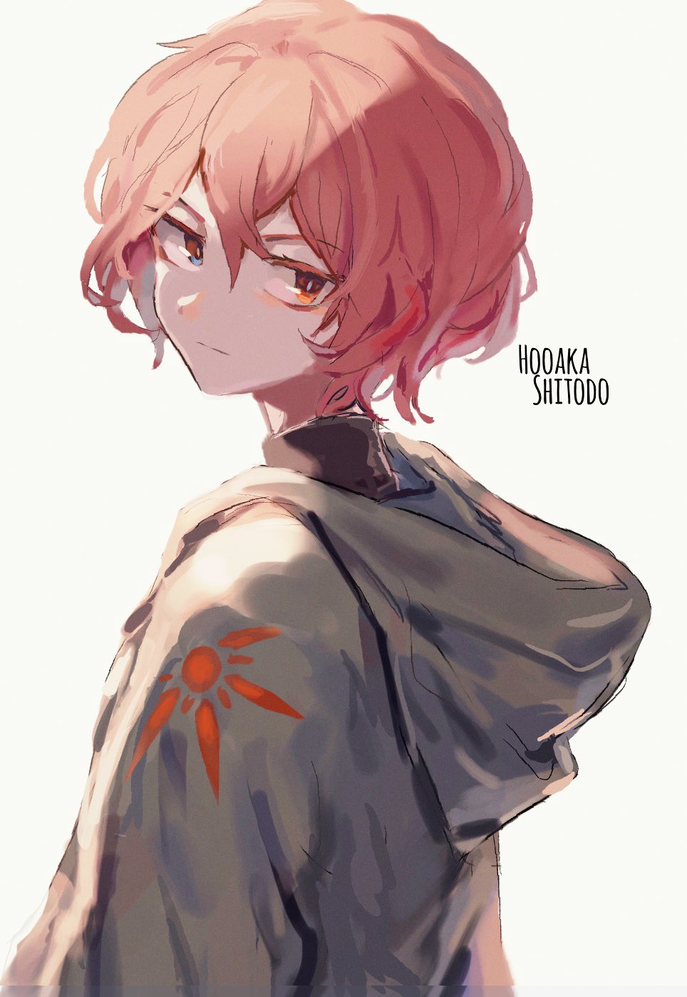 1other, androgynous, character_name, green_hoodie, highres, hood, hood_down, hoodie, len'en, looking_back, red_eyes, redhead, shitodo_hooaka, short_hair, silver_yes_yes, solo