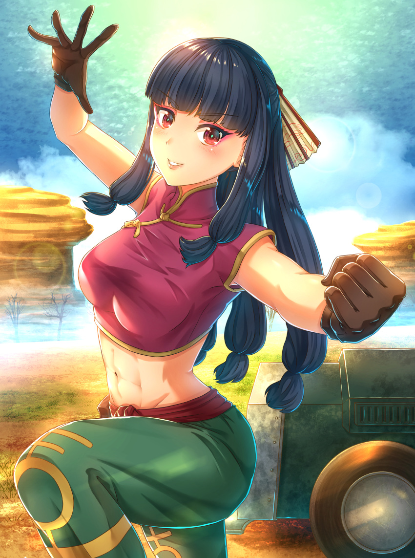 1girl, absurdres, appare-ranman!, black_hair, brown_gloves, car, china_dress, chinese_clothes, clenched_hand, day, dress, english_commentary, fighting_stance, gloves, green_pants, ground_vehicle, highres, jing_xia_lian, long_hair, midriff, motor_vehicle, navel, outdoors, pants, red_eyes, smile, solo, standing, standing_on_one_leg, zephx