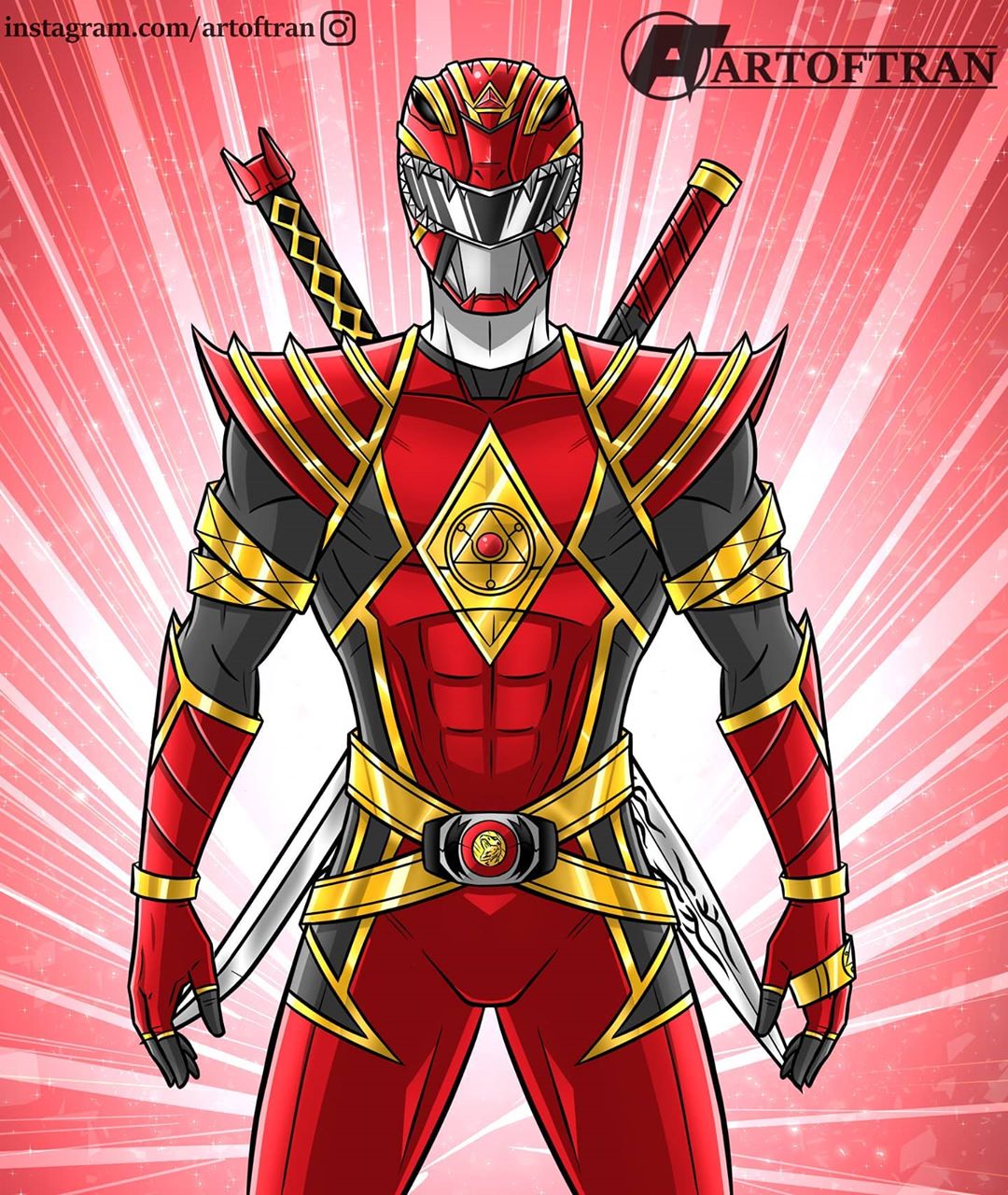 1boy, artist_name, artoftran, belt, belt_buckle, bodysuit, buckle, helmet, highres, instagram_username, mighty_morphin_power_rangers, omega_red_ranger, power_rangers, red_background, red_bodysuit, red_helmet, red_ranger, rocky_desantos, saban_entertainment, shoulder_armor, signature_artist_name, sword, sword_on_back, weapon
