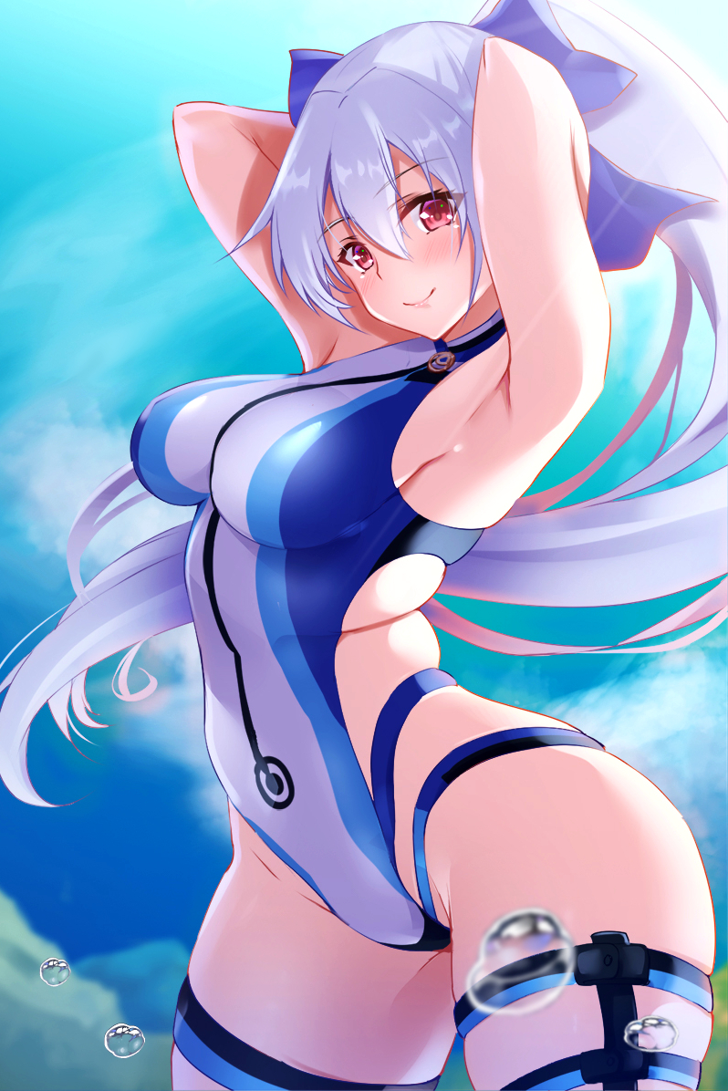 1girl, arched_back, armpits, arms_behind_head, arms_up, bangs, bare_shoulders, blue_bow