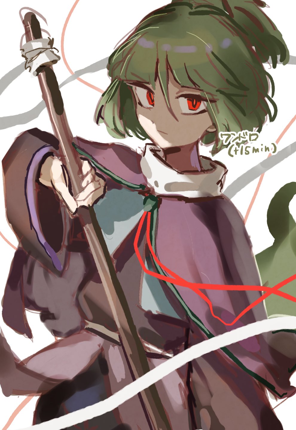 1other, adagumo_no_saragimaru, androgynous, bangs, capelet, green_hair, hair_ornament, highres