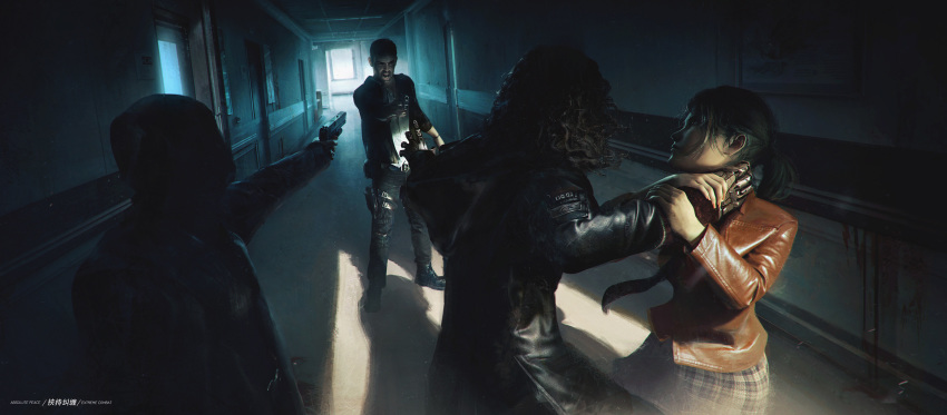 1girl, 3boys, aiming, black_hair, black_jacket, blood, blood_splatter, brown_hair
