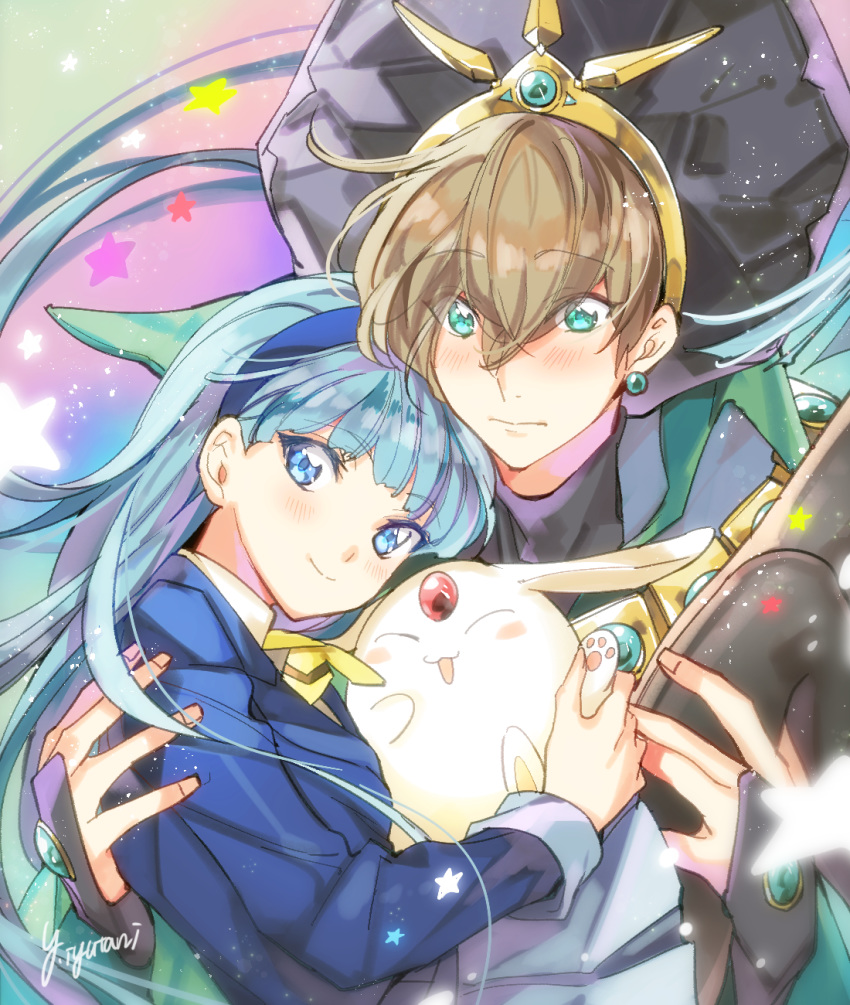 1boy, 1girl, ascot_(rayearth), bangs, black_legwear, blue_eyes, blue_hair, blue_hairband