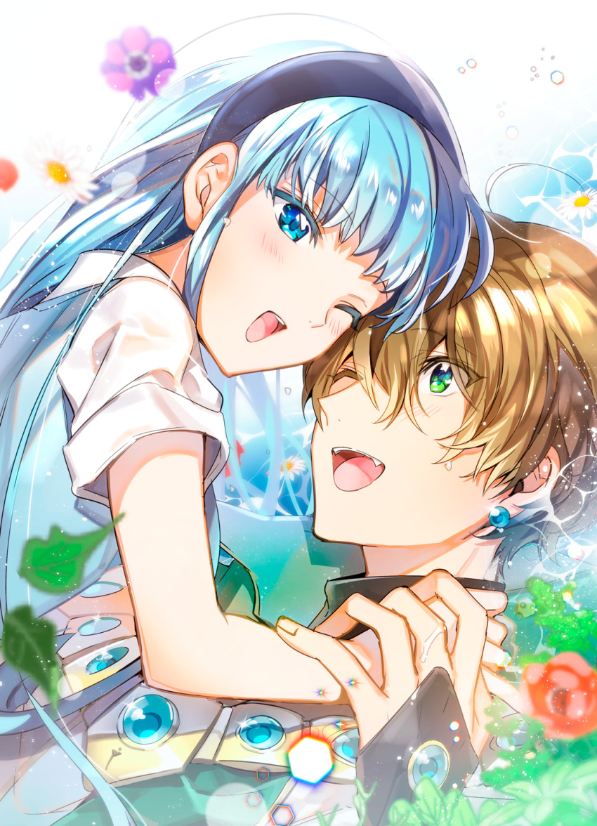 1boy, 1girl, ;d, ahoge, ascot_(rayearth), bangs, blue_hair, blurry_foreground