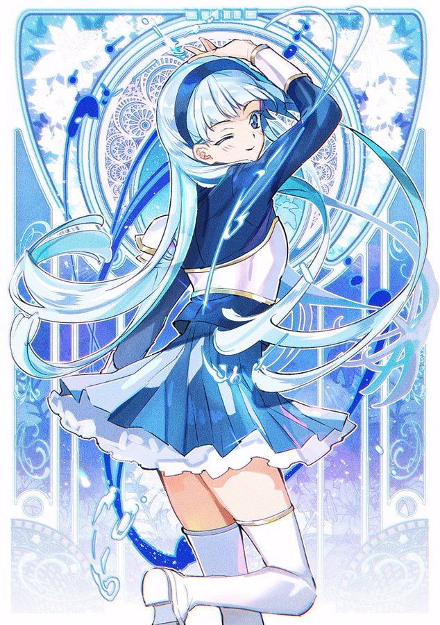 1girl, ;), arm_up, bangs, blue_hair, blue_hairband, blue_skirt, boots