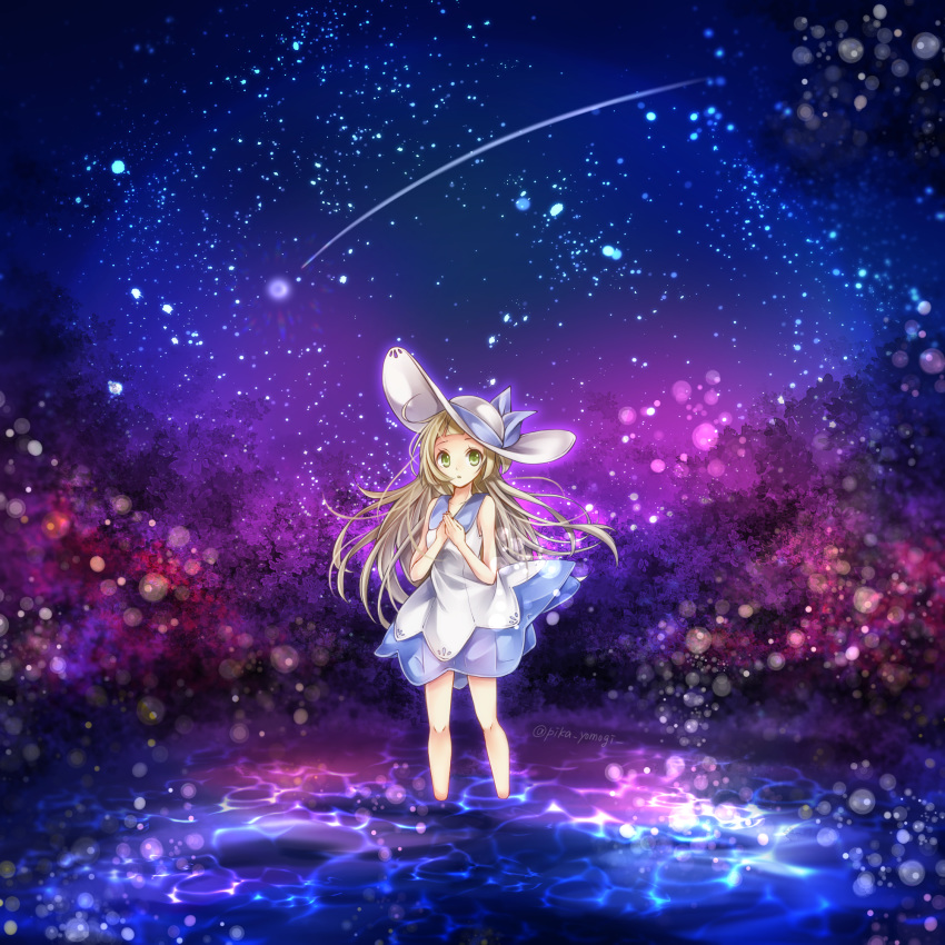 1girl, bangs, blonde_hair, blue_dress, blunt_bangs, bow, dress, floating_hair, grey_eyes, hat, hat_bow, highres, layered_dress, lens_flare, lillie_(pokemon), long_hair, looking_at_viewer, night, outdoors, pokemon, pokemon_(game), pokemon_sm, purple_bow, scenery, see-through, short_dress, sleeveless, sleeveless_dress, solo, standing, sun_hat, twitter_username, very_long_hair, wading, white_dress, white_headwear, yomogi_(black-elf)