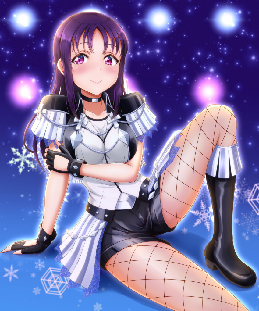 1girl, arm_support, black_footwear, black_gloves, black_shorts, blue_background, blush, breasts