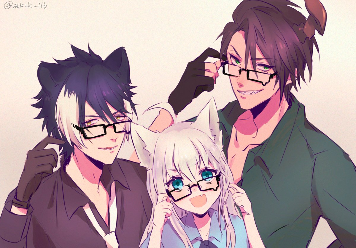1girl, 2boys, adjusting_eyewear, ahoge, animal_ears, aragami_ouga, bangs, black_hair