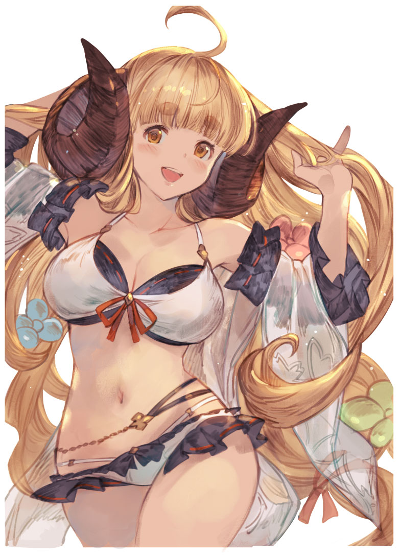 1girl, :d, ahoge, anila_(granblue_fantasy), bangs, bikini, blonde_hair, blunt_bangs