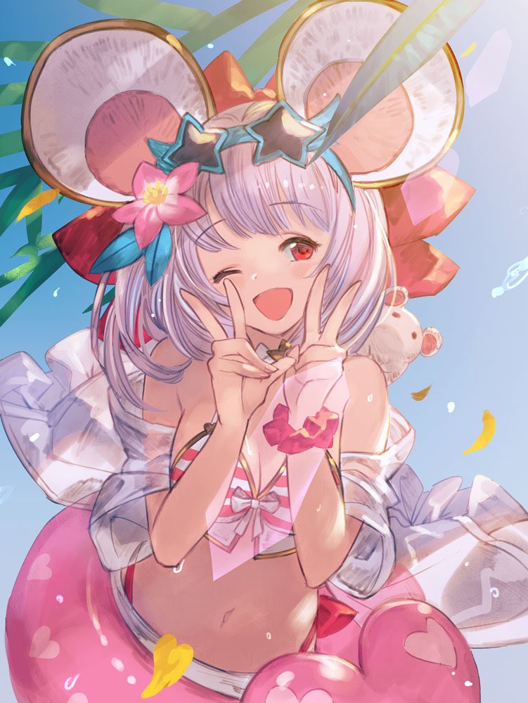 1girl, ;d, animal_ears, animal_on_shoulder, bikini, breasts, double_v, eyebrows_visible_through_hair