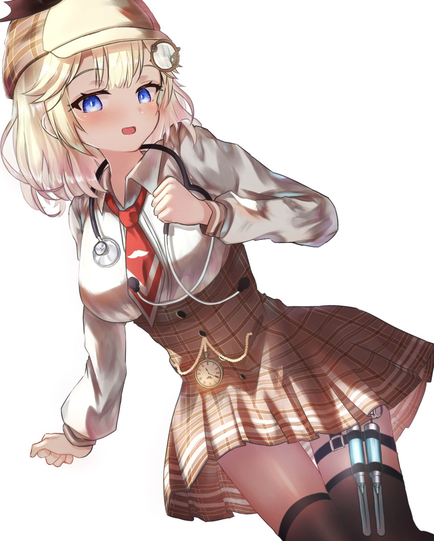 1girl, blonde_hair, blue_eyes, blush, breasts, detective, eyebrows_visible_through_hair, hair_ornament, hat, highres, hololive, hololive_english, holomyth, looking_at_viewer, monocle_hair_ornament, necktie, red_neckwear, shirt, skirt, smile, solo, st0427, virtual_youtuber, watson_amelia, white_shirt