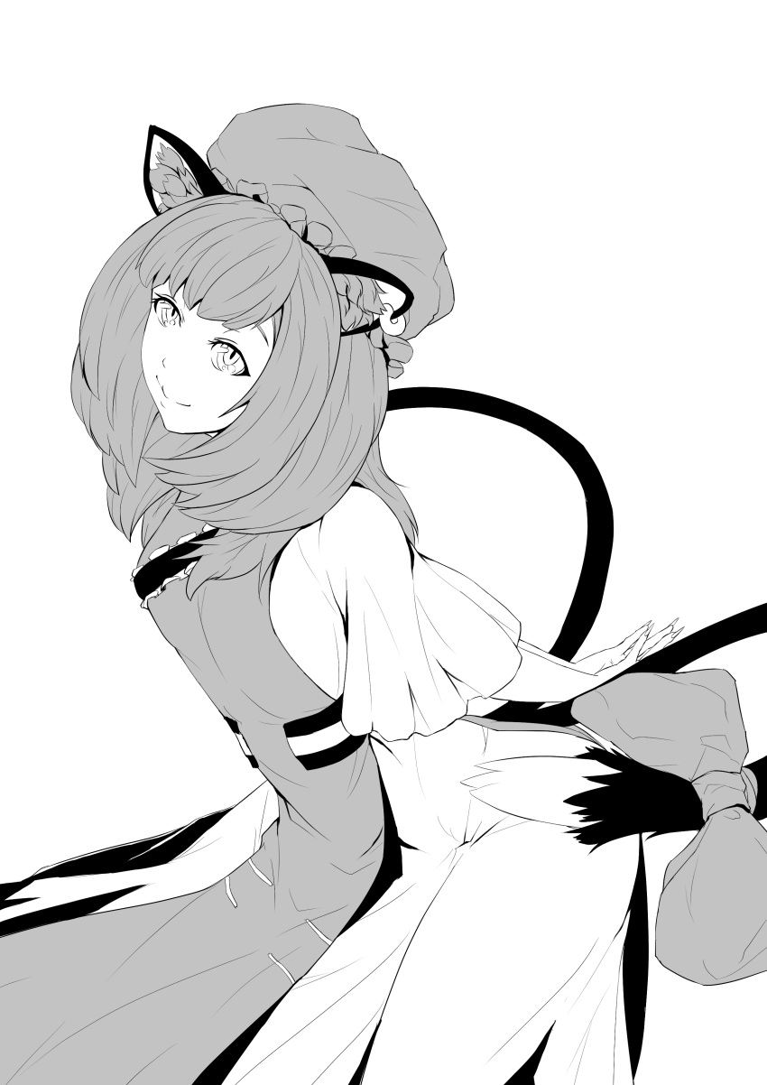 1girl, absurdres, animal_ears, cat_ears, cat_tail, chen, chinese_clothes, frilled_skirt, frills, greyscale, hansoku_tantei_satori, hat, highres, jewelry, long_sleeves, looking_at_viewer, monochrome, multiple_tails, nekomata, peaceful_(llvg), pillow_hat, shirt, short_hair, single_earring, skirt, skirt_set, smile, solo, tabard, tail, touhou, two_tails, vest, white_shirt