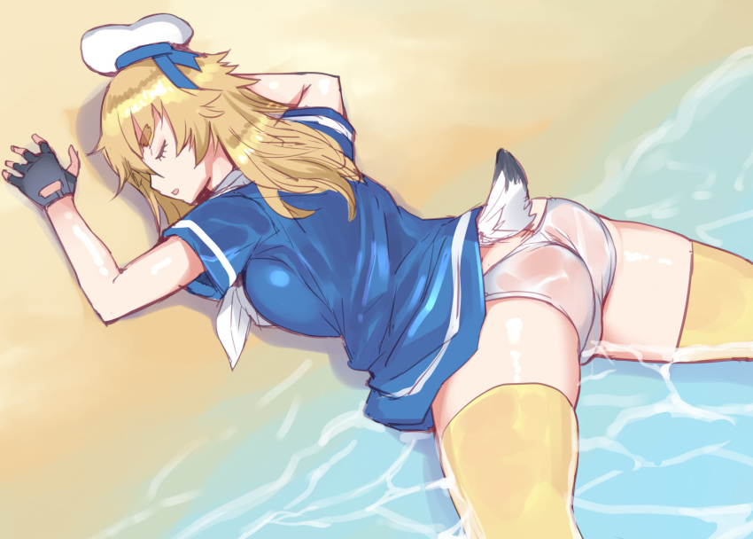 1girl, ass, beach, bird_tail, black_gloves, blonde_hair, blue_shirt, blush, bosshi, closed_eyes, doubutsu_no_mori, fingerless_gloves, genderswap, genderswap_(mtf), gloves, hat, johnny_(doubutsu_no_mori), long_sleeves, lying, neckerchief, on_stomach, open_mouth, panties, personification, sailor_collar, see-through, shirt, shore, short_sleeves, sleeping, solo, tail, thick_eyebrows, thigh-highs, underwear, water, white_headwear, white_legwear, white_neckwear