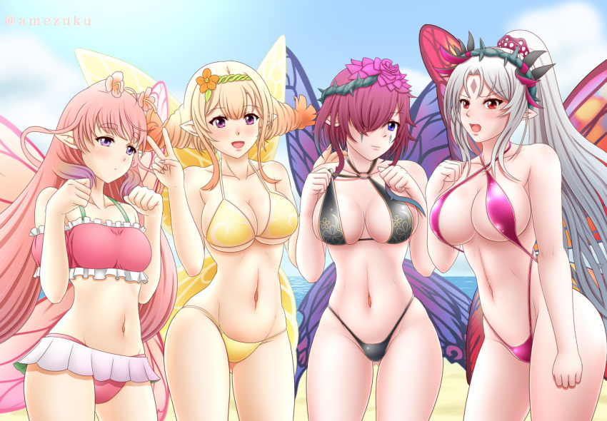 4girls, amezuku, bare_legs, beach, bikini, bikini_skirt, black_bikini, black_swimsuit, blonde_hair, blue_eyes, blush, breasts, fairy, fairy_wings, fire_emblem, fire_emblem_heroes, flower, grey_hair, hair_flower, hair_ornament, large_breasts, long_hair, looking_at_viewer, midriff, mirabilis_(fire_emblem), multiple_girls, ocean, one_eye_covered, peony_(fire_emblem), pink_bikini, pink_hair, pink_swimsuit, plumeria_(fire_emblem), pointy_ears, ponytail, purple_bikini, purple_swimsuit, red_eyes, short_hair, sideboob, small_breasts, smile, swimsuit, tattoo, thighs, triandra_(fire_emblem), under_boob, violet_eyes, wide_hips, wings, yellow_bikini, yellow_swimsuit